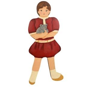 Hand Painted Wood Folk Art Girl Holding Grey Cat Figurine Signed Deanna 10 in